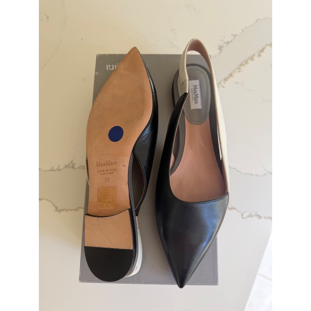 Max Mara Black Leather Two-Tone Pointed Toe Slingback Flats Made in Italy 39 - Picture 3 of 6